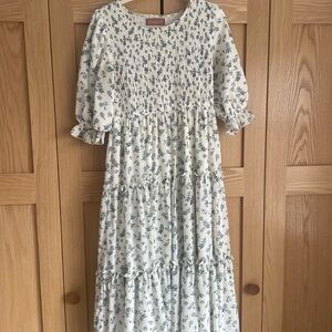 JessaKae Cream Midi Dress with Blue Floral Print